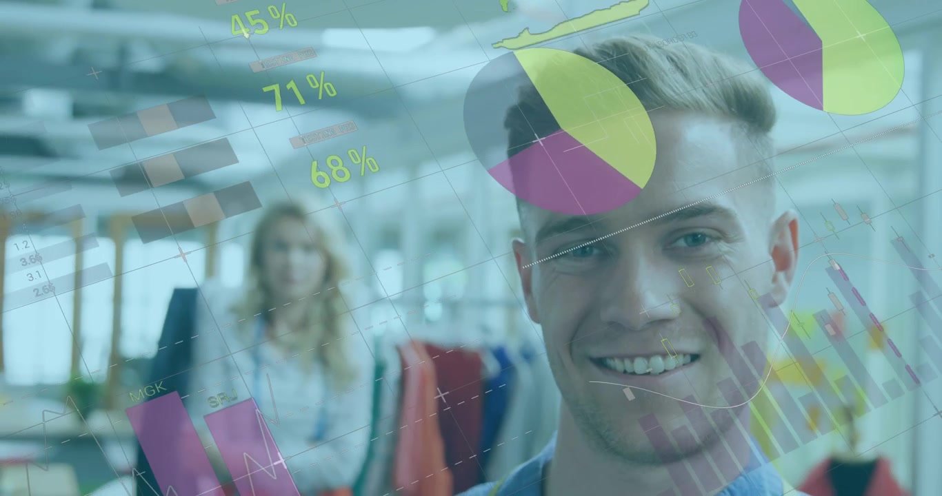 Young Man Smiling in Office with Digital Data Overlay