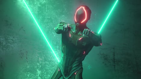 robot alienígena bailando en un fondo metálico con luces de neón brillantes. el concepto de alegría y victoria. bucle sin costuras 3d render