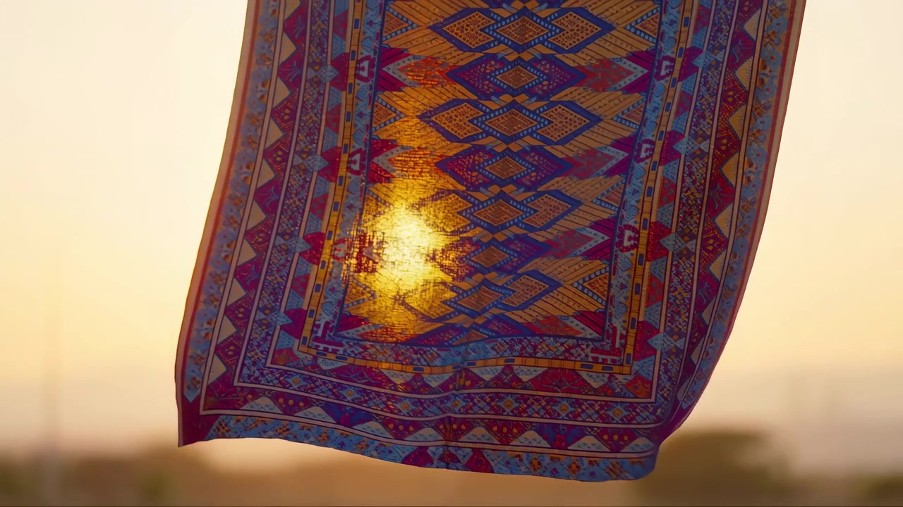 Ornamentert mønstret stoff henger i varmt solnedgangslys, med sterkt baklys som skinner gjennom stoffet, subtil bevegelse langs nedre kant, rike vevde detaljer og en rolig dekorativ atmosfære.