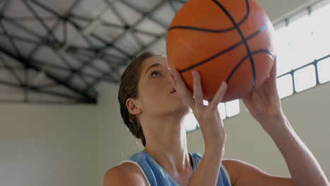 playing basketball, woman in sports jersey shooting ball in indoor court