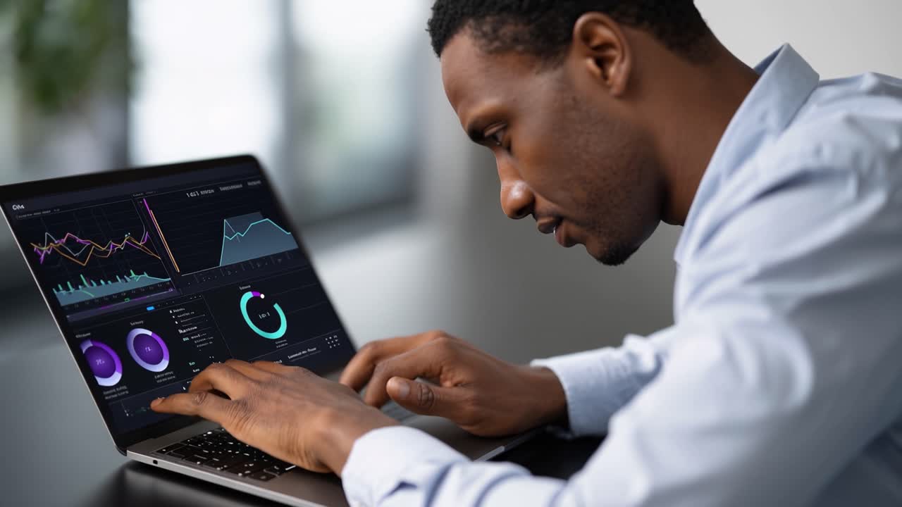 A Professional Analyzing Data on a Laptop with Colorful Graphs and Statistics to Gain Insights and Make Informed Decisions in a Modern Workspace Environment