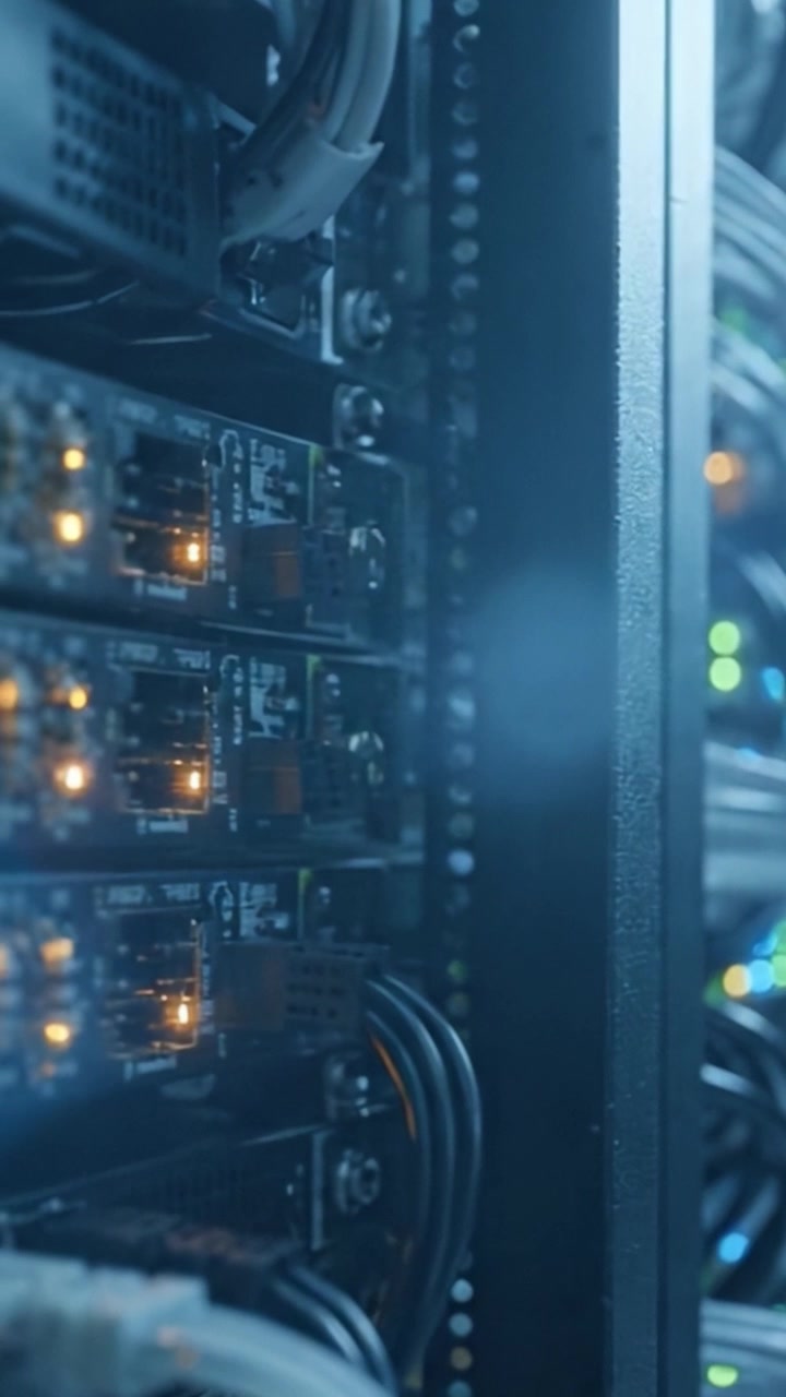 Close-up views of interconnected circuit boards and illuminated indicators inside a high-tech data server, showcasing modern digital infrastructure and network connectivity.