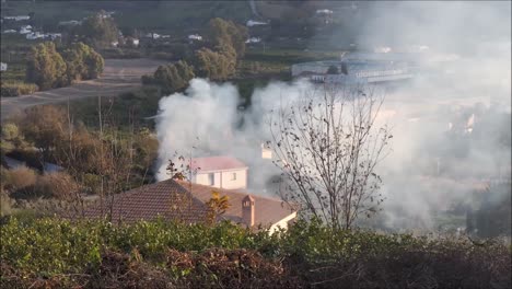 smoke by house near dried out riverbed inandalusian valley. farmer burning trimmings from fruit trees in fron of house in early morning andalusian january sunshine