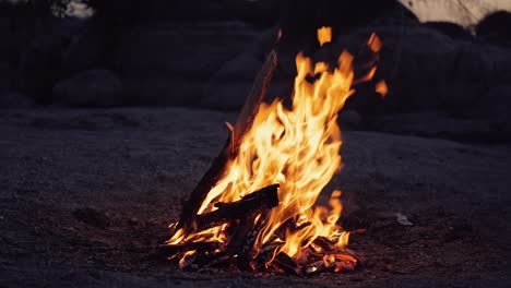 a closeup of a campfire. beautiful fire burns brightly. embers of the fire climb up. slow motion