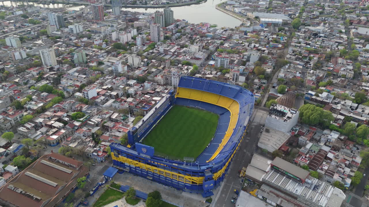 Aerial view of neighborhood surrounding legendary La Bombonera football stadium. Buenos Aires, Argentina.