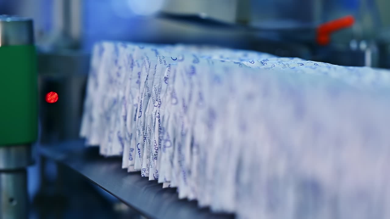 Automated mechanism for making pampers. Diapers conveyor factory making.