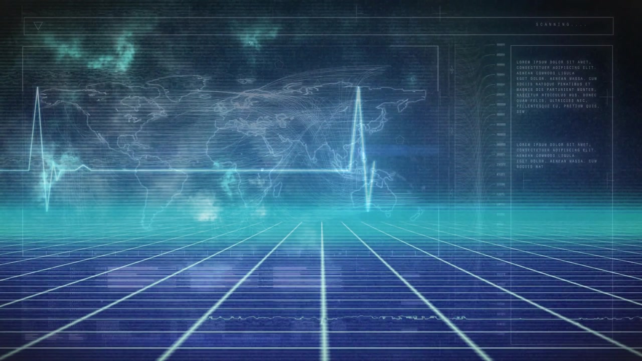Pulse rising left edge driving ECG-style waveform pulsing across grid under map showing global data