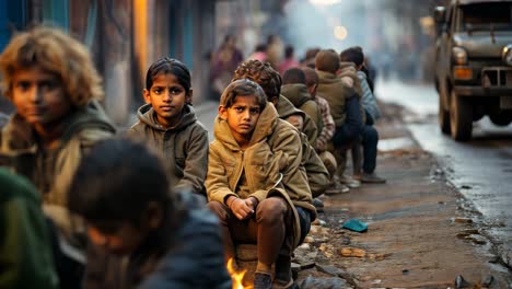 children sitting beside a street fire in a urban area during dusk