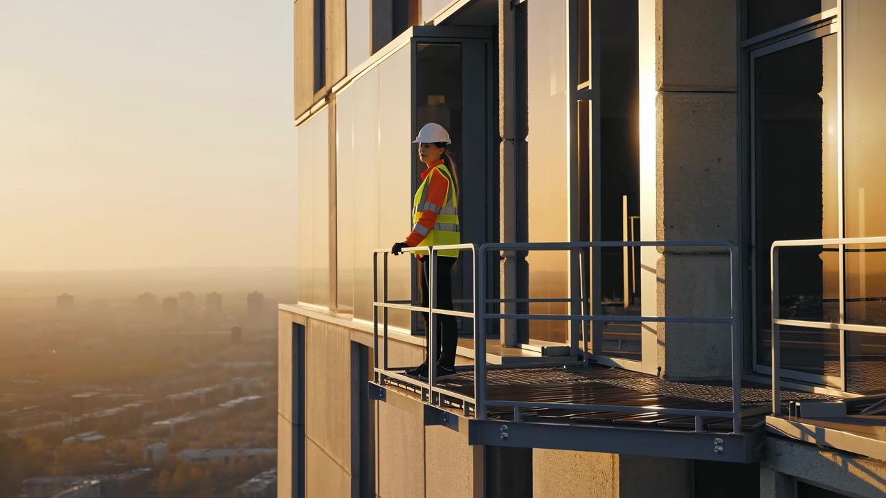 Un operaio rimane accanto alla facciata dell'edificio su una stretta piattaforma metallica, di fronte allo skyline urbano distante, mentre la bassa luce dorata del sole si riflette dalle finestre e proietta lunghe ombre.