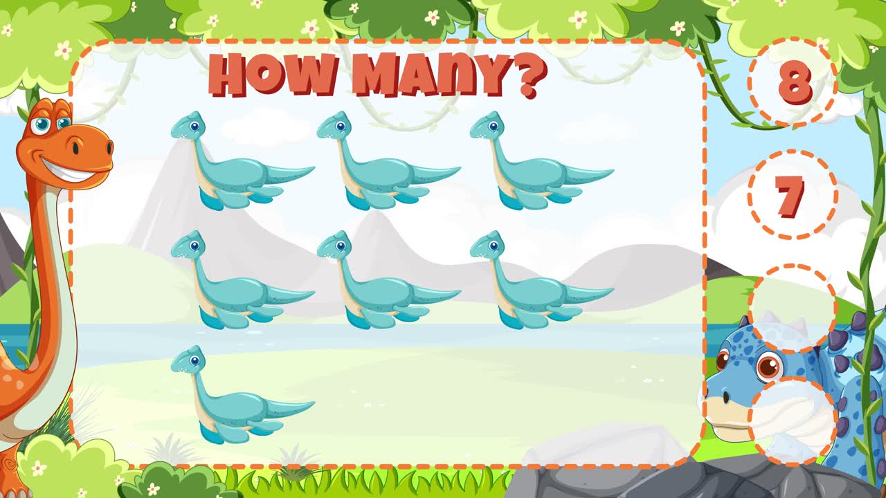 Colorful animation with dinosaurs and birds teaching counting through interactive visuals and playful transitions