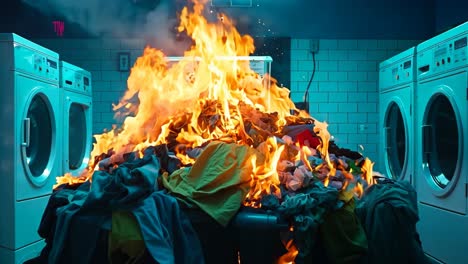 a pile of clothes on fire in a laundry room