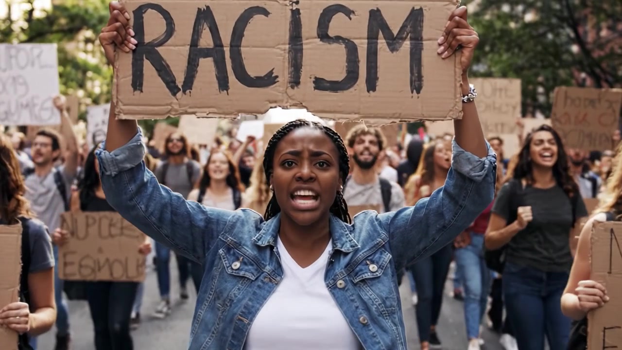 A Powerful Movement for Equality: Protesters Unite with Signs Against Racism, Amplifying Voices for Justice and Change in a Vibrant Demonstration.