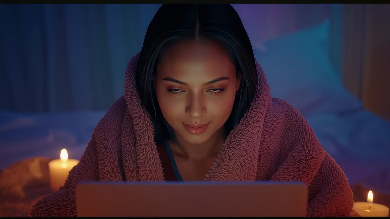 Settling woman onto late-night bed, draping blanket and adjusting laptop for reading by candlelight