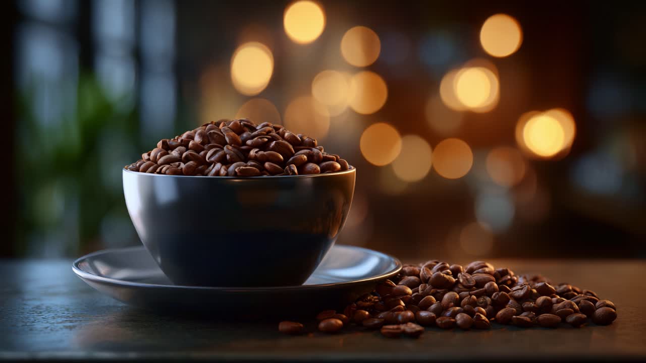En smukt arrangeret skål med kaffebønner på en tallerken, omgivet af varme bokeh-lys, der skaber en hyggelig atmosfære, som er perfekt til kaffeelskere og -entusiaster