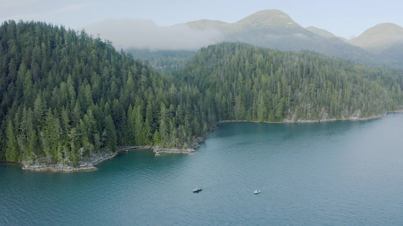 Due piccole barche galleggiano su un tranquillo lago di montagna boscoso sotto una bassa nuvola mattutina e cime distanti, ampia ripresa aerea con drone