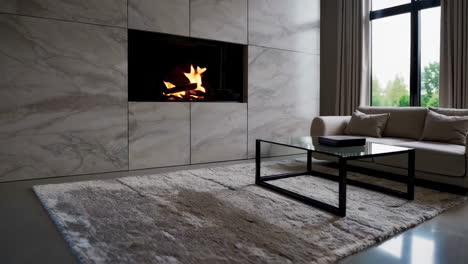 modern living room with fireplace and garden view