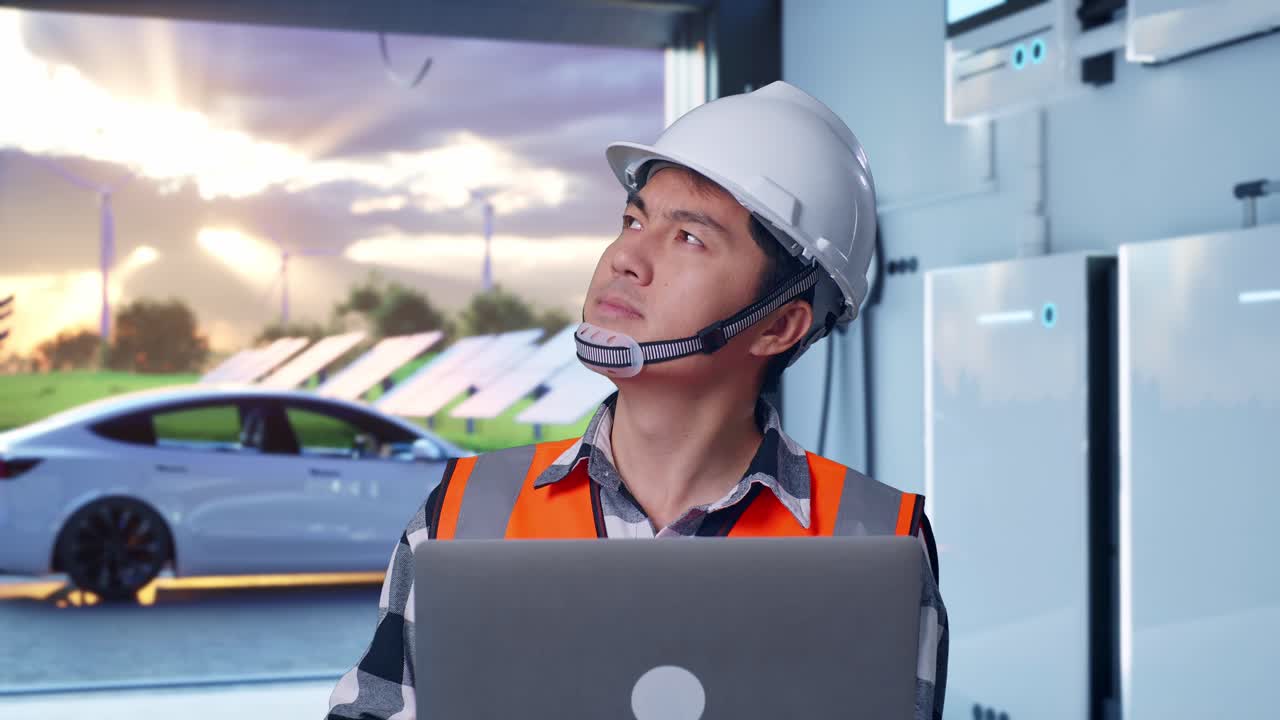 Close Up Of Asian Male Engineer With Safety Helmet Working On A Laptop And Looking Around While Standing With Home Energy Storage System In a Modern Garage