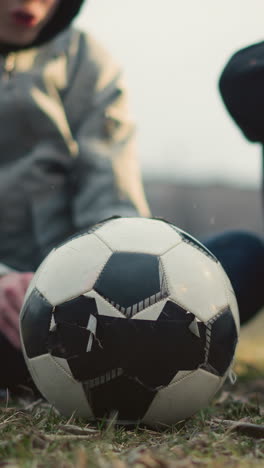 blur view of two boys are seated on a grassy field, engaged in a discussion, the boy wearing glasses is holding a stick, attempting to cut it, the boy in a gray top has a soccer ball in front of him