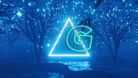 animation of 6g text and blue neon triangle over blue trees and lights