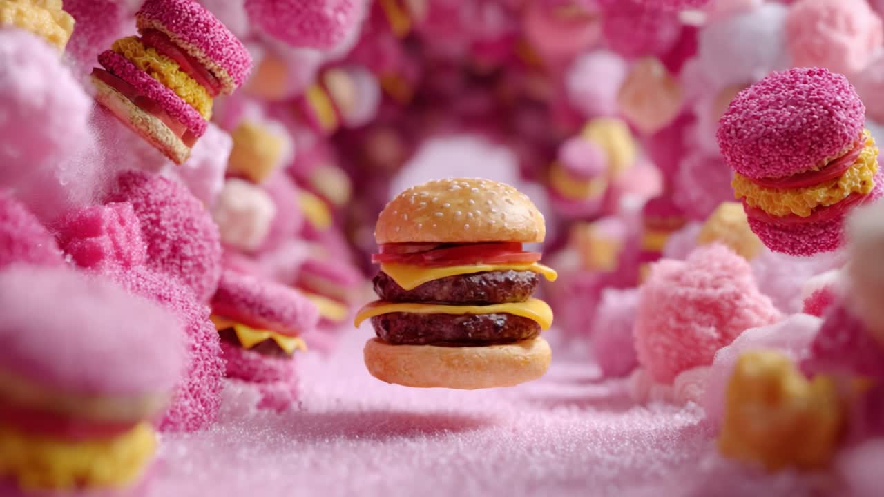 A Whimsical Journey Through a Candy-Like Landscape Featuring a Floating Cheeseburger Surrounded by Colorful Fluffy Confections