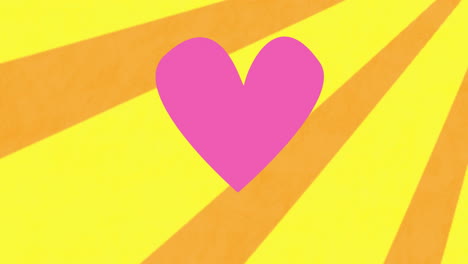 pink heart animation over yellow and orange rays background