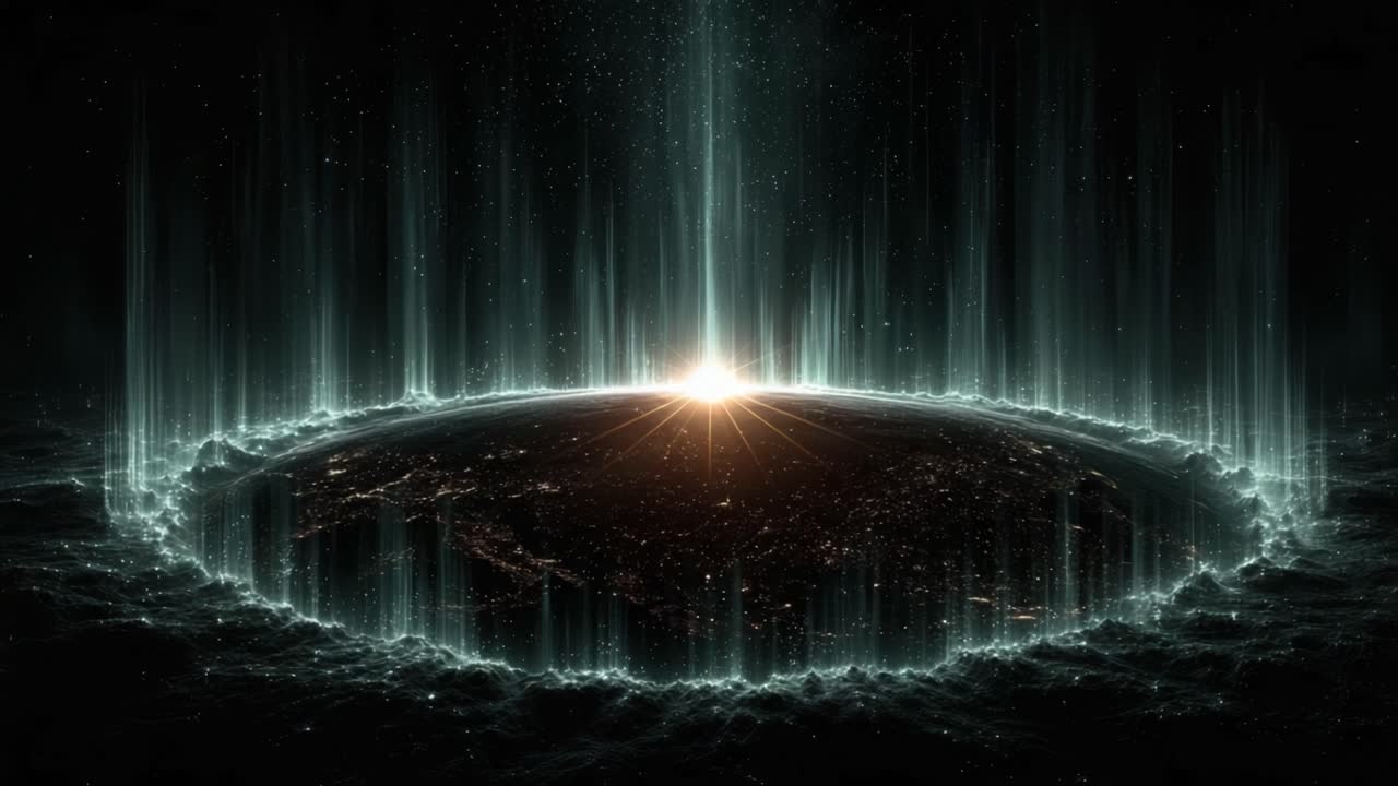 Stunning view from space of the Earth's horizon illuminated by a glowing sunrise. With mystical light beams radiating outwards into the cosmos creating a beautiful. Surreal. And futuristic spectacle