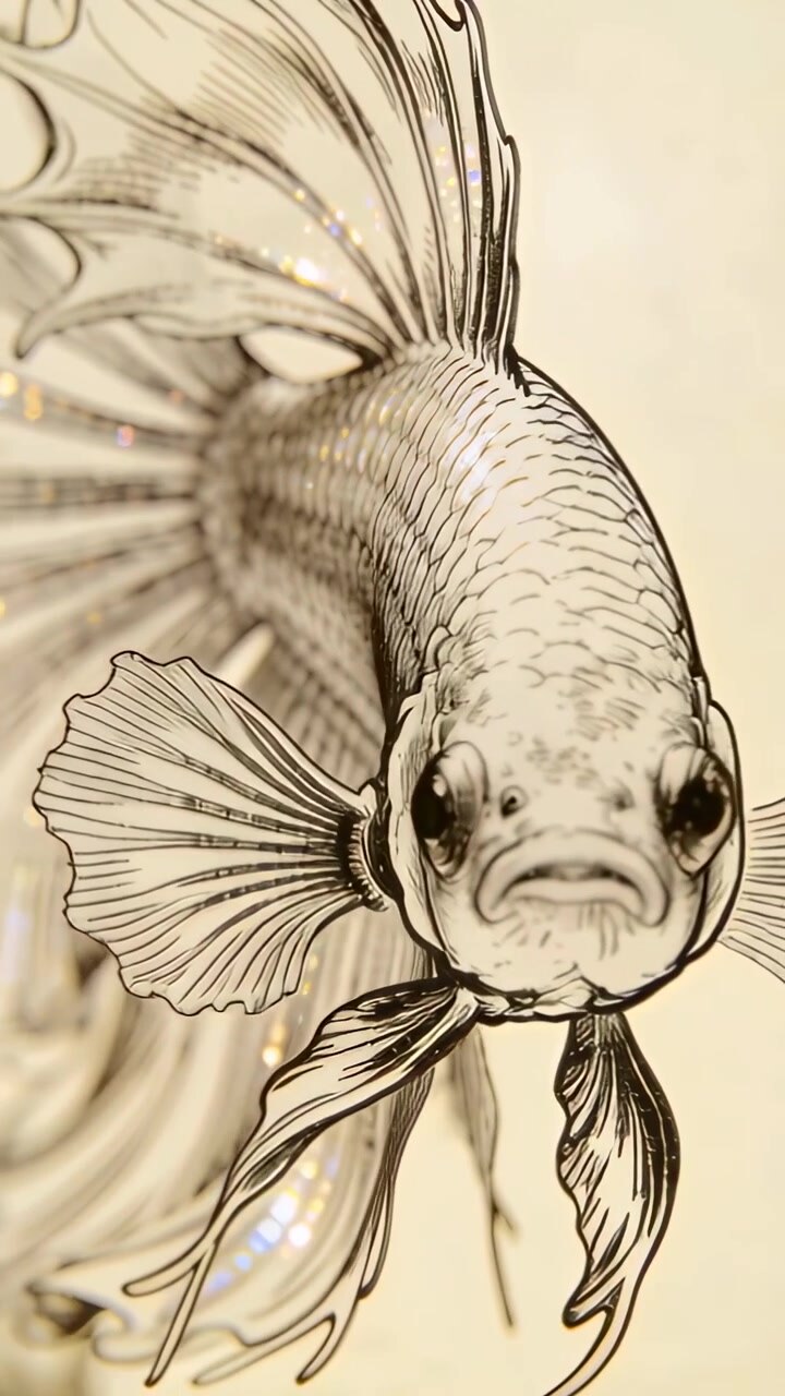 Video verticale: Panoramica della telecamera che rivela un disegno di pesce ornato su carta color crema, mostrando scaglie glitterate.