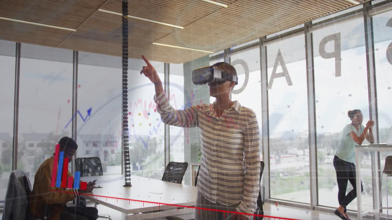 Woman putting VR headset over eyes in meeting room and tapping bars shifting 3D business chart