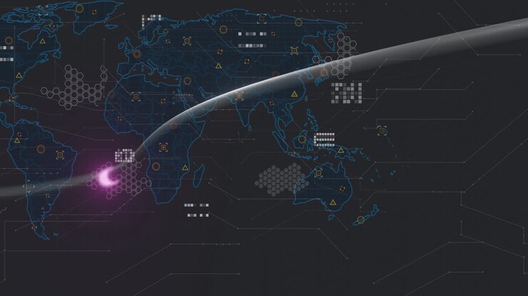 Global network connections and data processing animation over world map