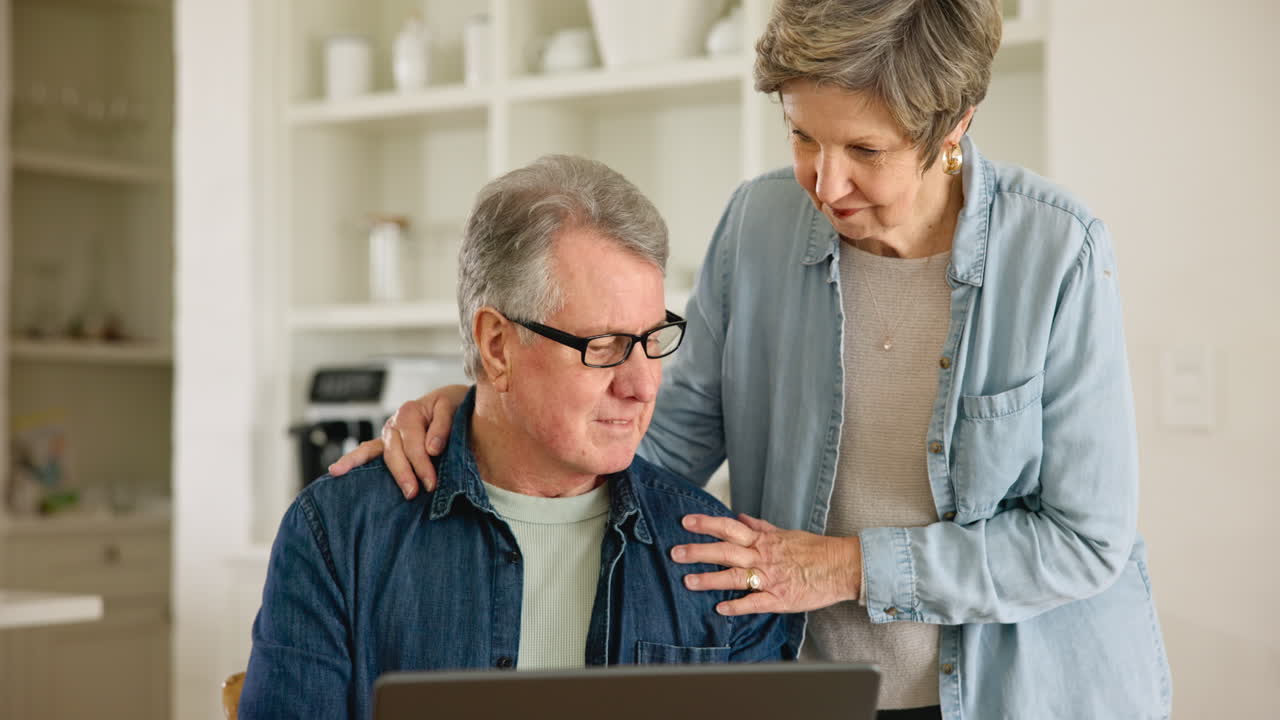 Senior man, woman and taxes with laptop