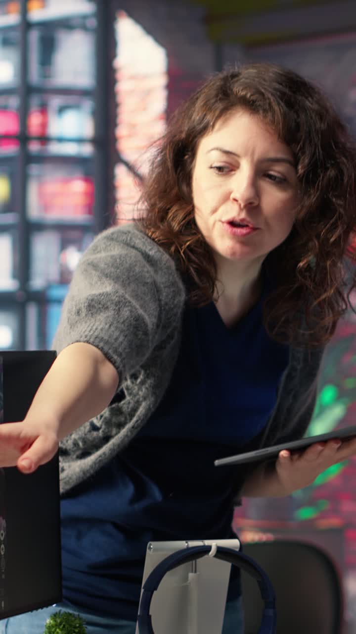 Vertical Video Professional editor uses AI powered software and PC reels in a creative office