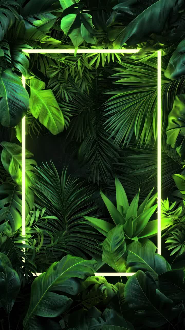 Top-down view of lush green leaves with a neon frame, creating a vibrant, tropical vibe perfect