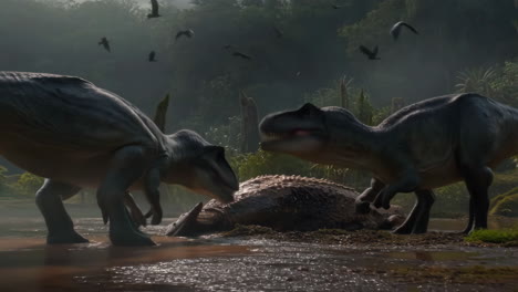 dinosaurs scavenging a carcass in a prehistoric jungle