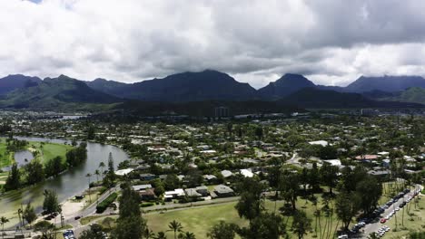 drone shot of hawaii's suburban neighborhoods in the city of kailua