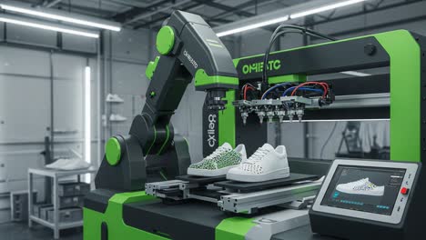 advanced robotic technology in action: automated production of stylish footwear using precision engineering and innovation for optimal design and quality assurance