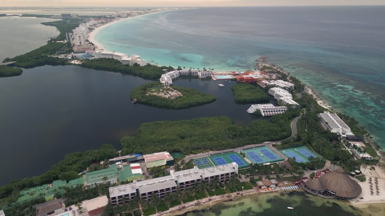 aerial view of Beachfront Hotel with Swimming Pool in Cancun, Mexico in hotel zone