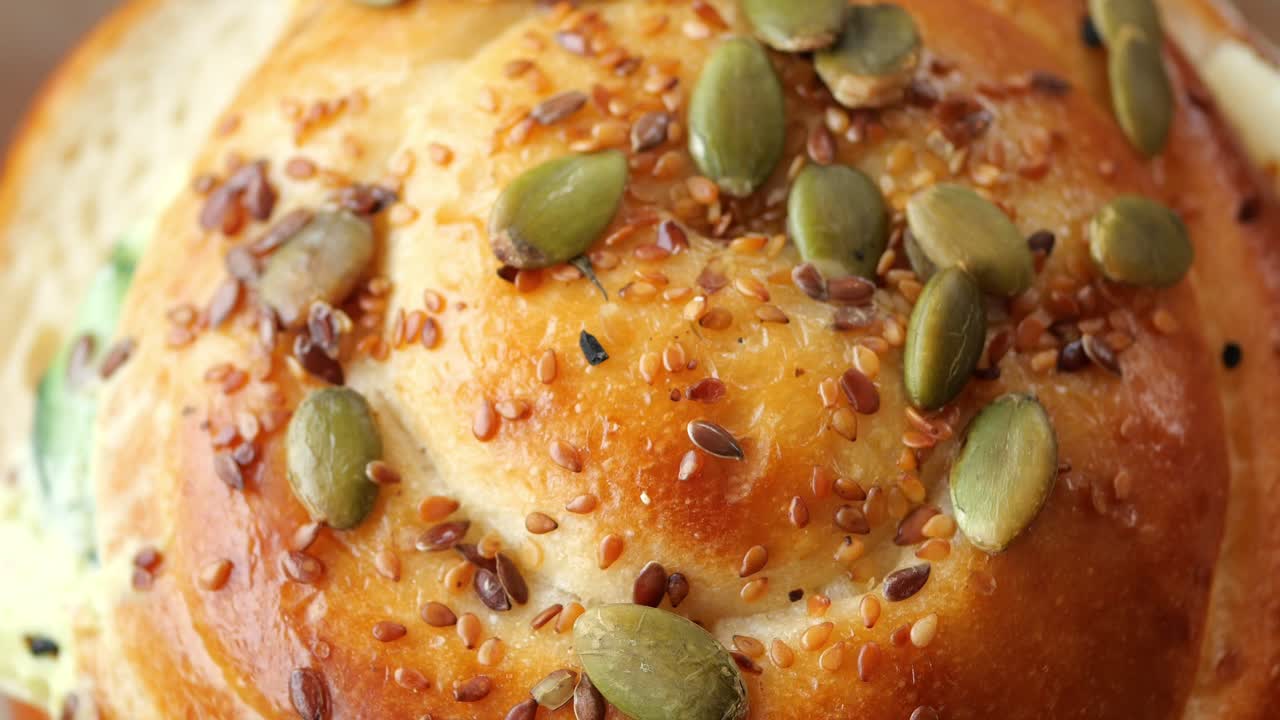 Close-up of a delicious, seeded bread roll