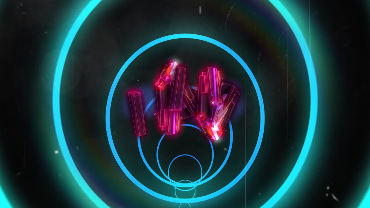 Neon geometric shapes and glowing text animation over dark background