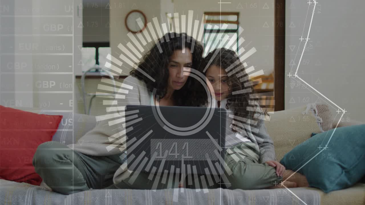 Mother and daughter leaning toward laptop, reacting to shifting HUD data, learning and smiling