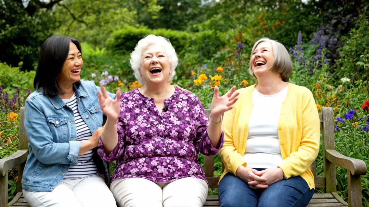 Three Women Enjoying Friendship and Laughter in a Garden