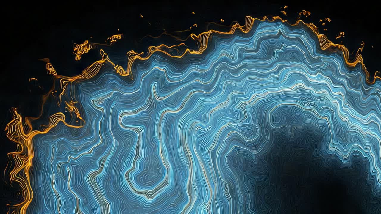 Elegant abstract background featuring flowing blue topographic contour lines and shimmering golden energy waves against a dark backdrop, creating a mesmerizing and sophisticated animated texture