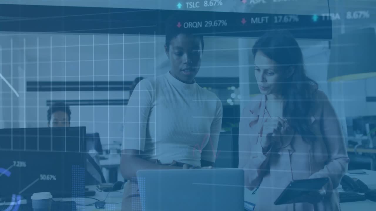 Animation of financial data processing over diverse business people in office