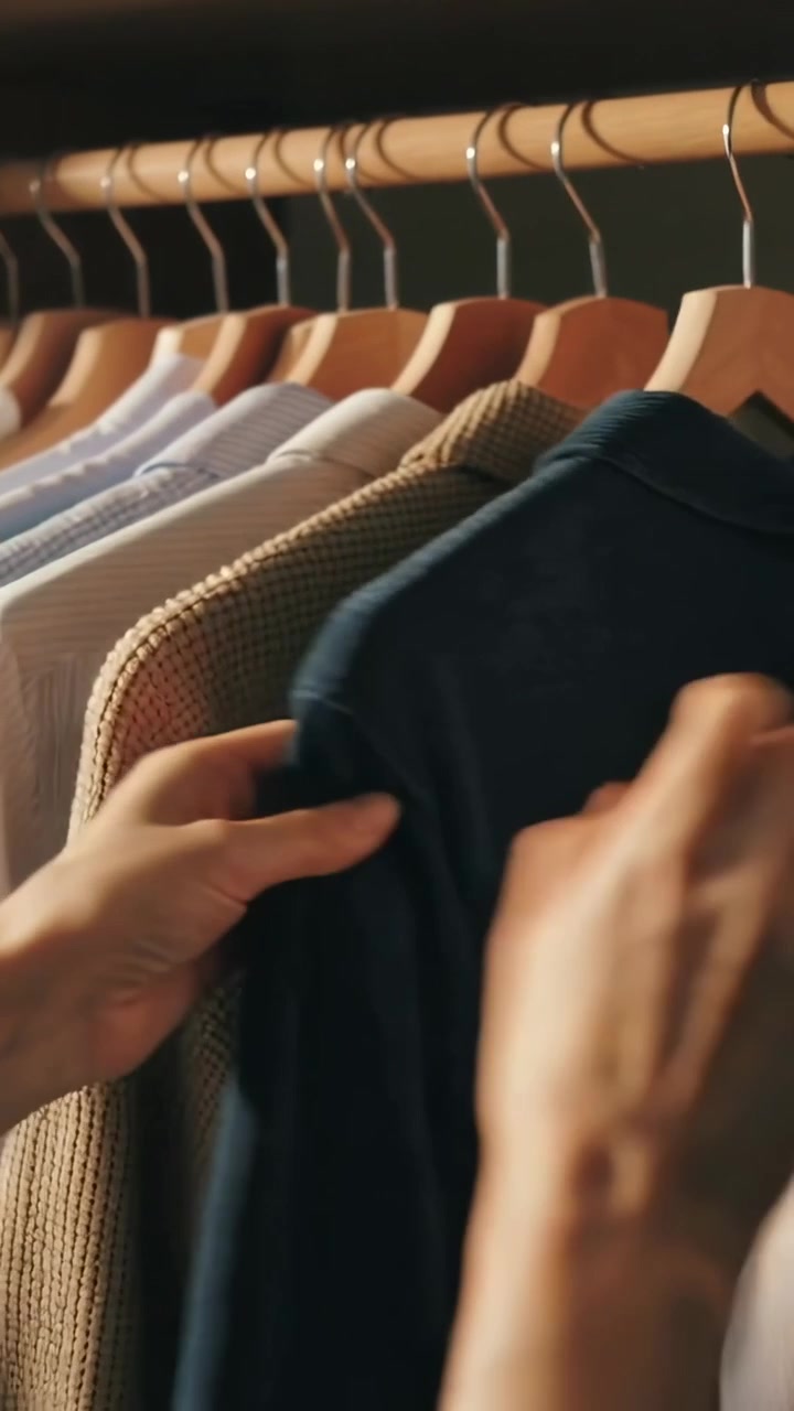 Vertical video: Entering hands touching sweater rearranging shirts on wooden rail to sort in closet