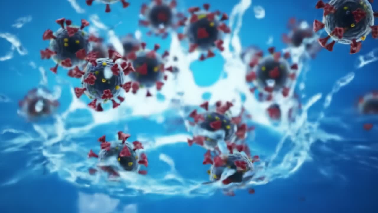 Visual Representation of Virus Particles in Water, Showcasing Their Spread and Interaction in a Fluid Environment, Highlighting the Complex Nature of Virus Behavior