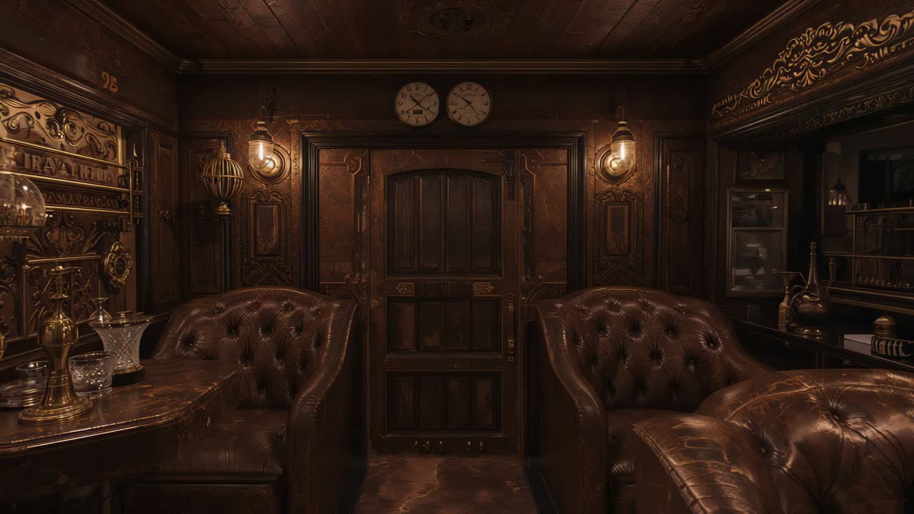 Allontanamento della camera, porta di legno con chiavistello e sedie in pelle trapuntata che rivelano la cabina della nave, orologi