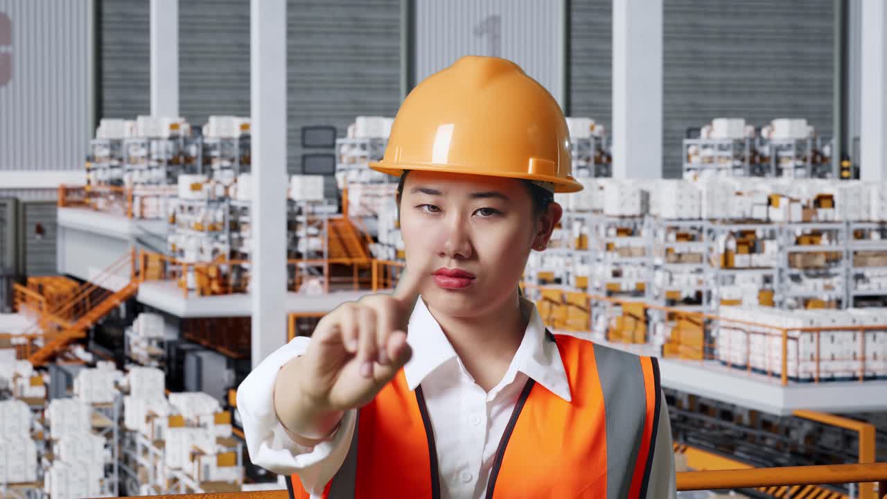 안전 헬을 입은 아시아 여성 엔지니어의 근접 사진. 배달품으로 가득 찬 선반과 함께 창고에 서 있는 동안 지표손가락 표시 없이 불쾌감을 표합니다.