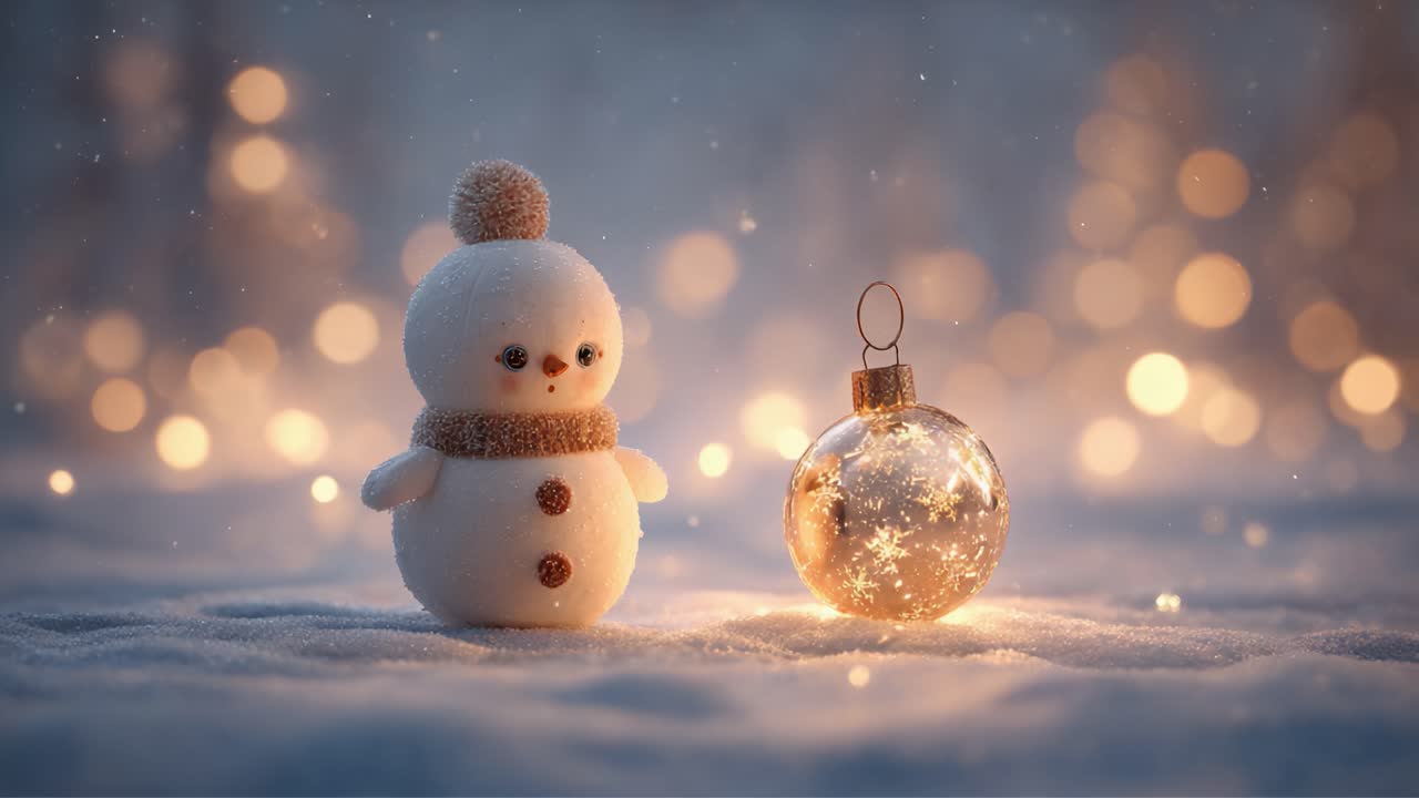 Charming Snowman and Glittering Ornament: A Delightful Winter Scene Captured in Sparkling Light and Soft Snow, Perfect for Embracing the Holiday Spirit and Cheer