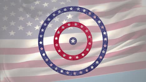 Animation-Von-Kreisen,-Die-Sich-Mit-Sternen-Und-Streifen-Der-Amerikanischen-Flagge-über-Einem-Wehenden-Amerikanischen-Hintergrund-Drehen
