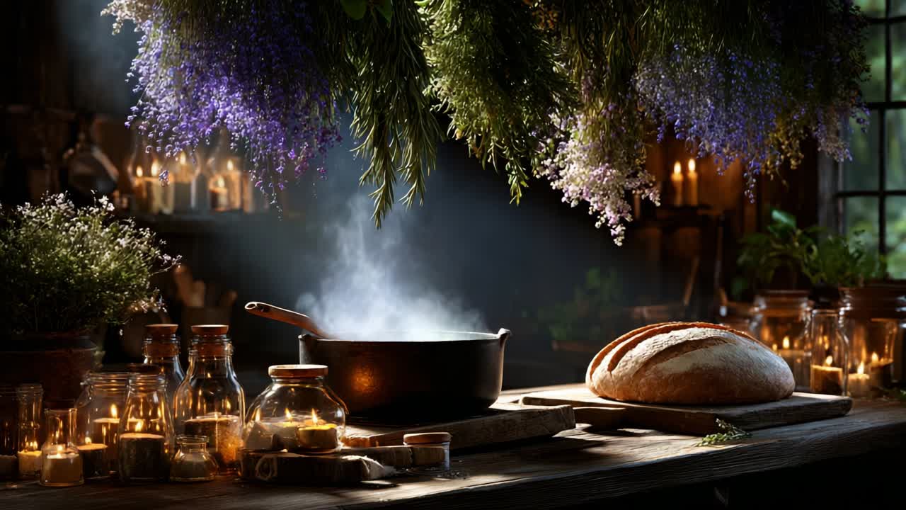 A Tranquil Culinary Scene Showcasing a Smoking Pot, Artisan Bread, and Ambient Candlelight Surrounded by Nature's Bounty, Creating a Cozy and Inviting Atmosphere in a Homely Kitchen