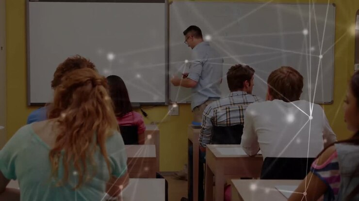 Animation of network of connections over male teacher and students
